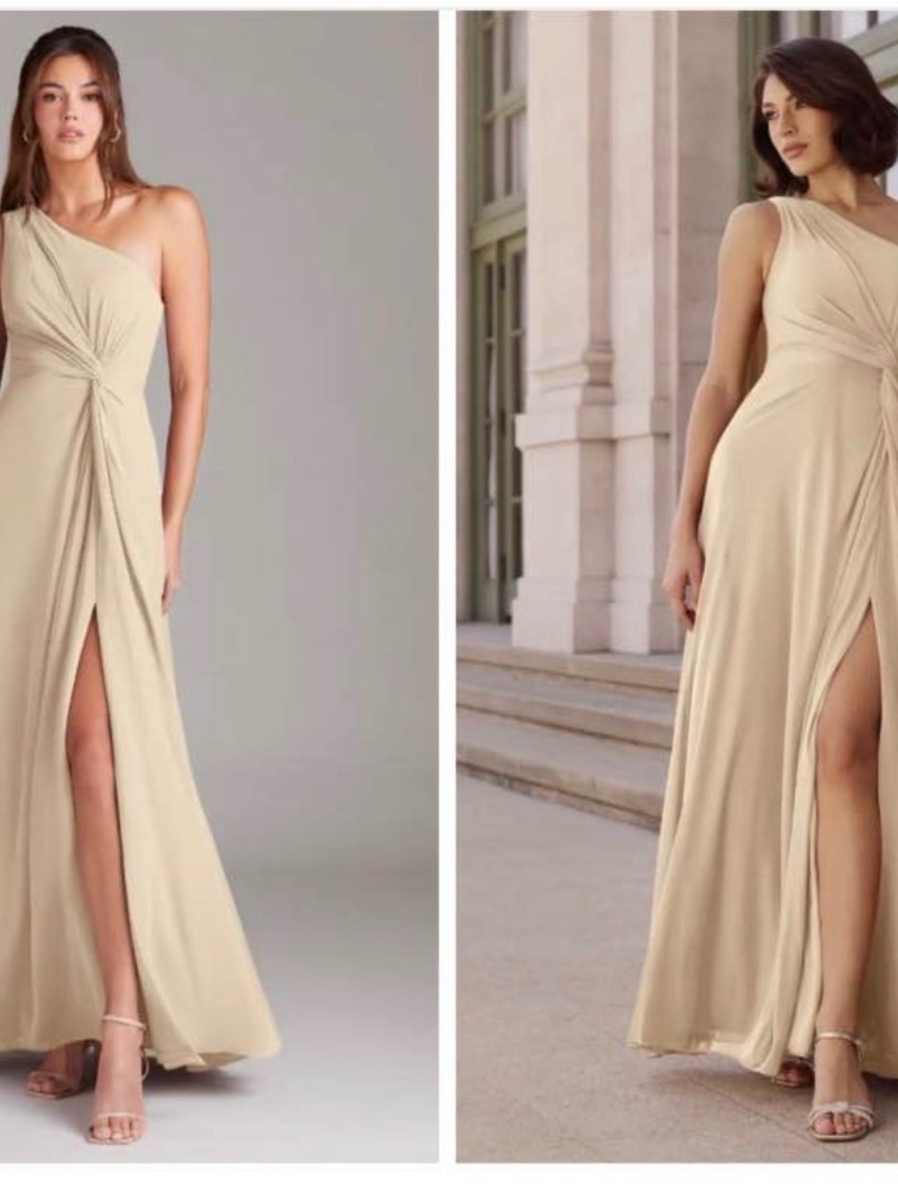 Azazie One-Shoulder Beige Bridesmaid Gown with High Slit